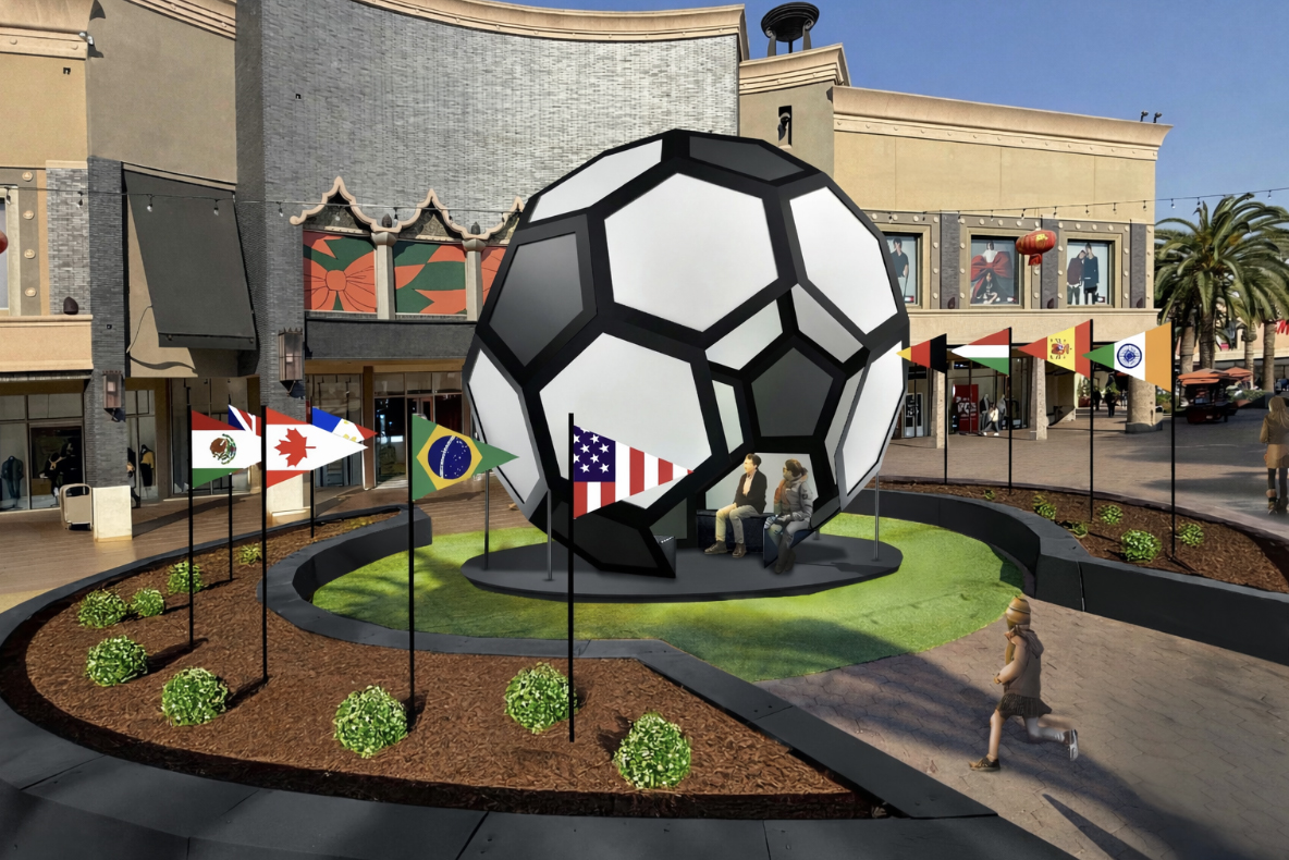 20-foot illuminated walk-through soccer ball rendering at The Citadel Outlets, Los Angeles